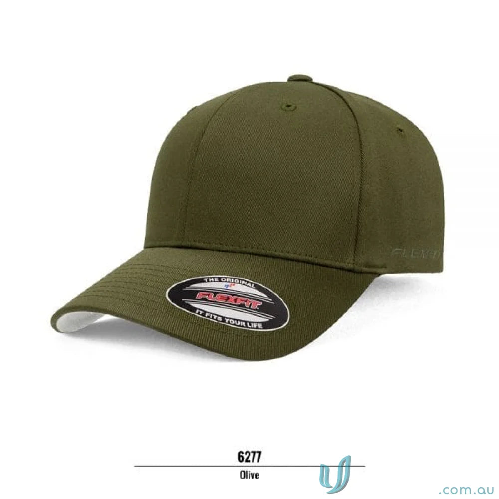 Olive green Flexfit cap with athletic shape and Flexfit technology from Worn By The World Cap 6277