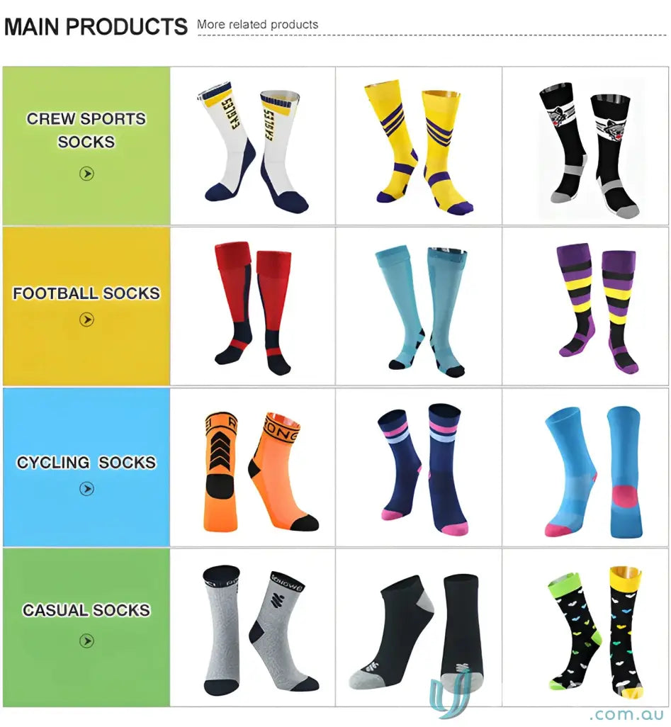 Assorted colorful sports socks featuring Woven Sports Socks for your custom sports wear