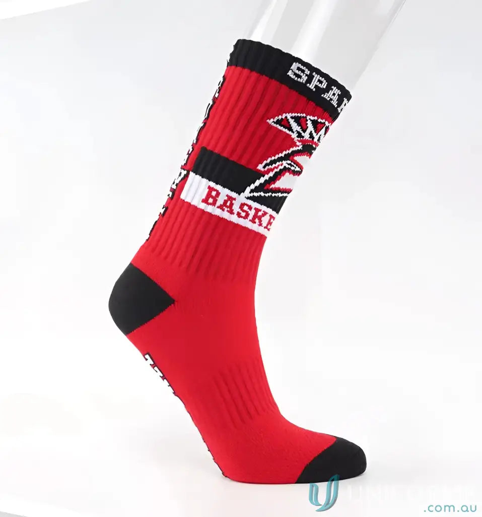 Red and black athletic sock from Woven Sports Socks, perfect for custom sports wear