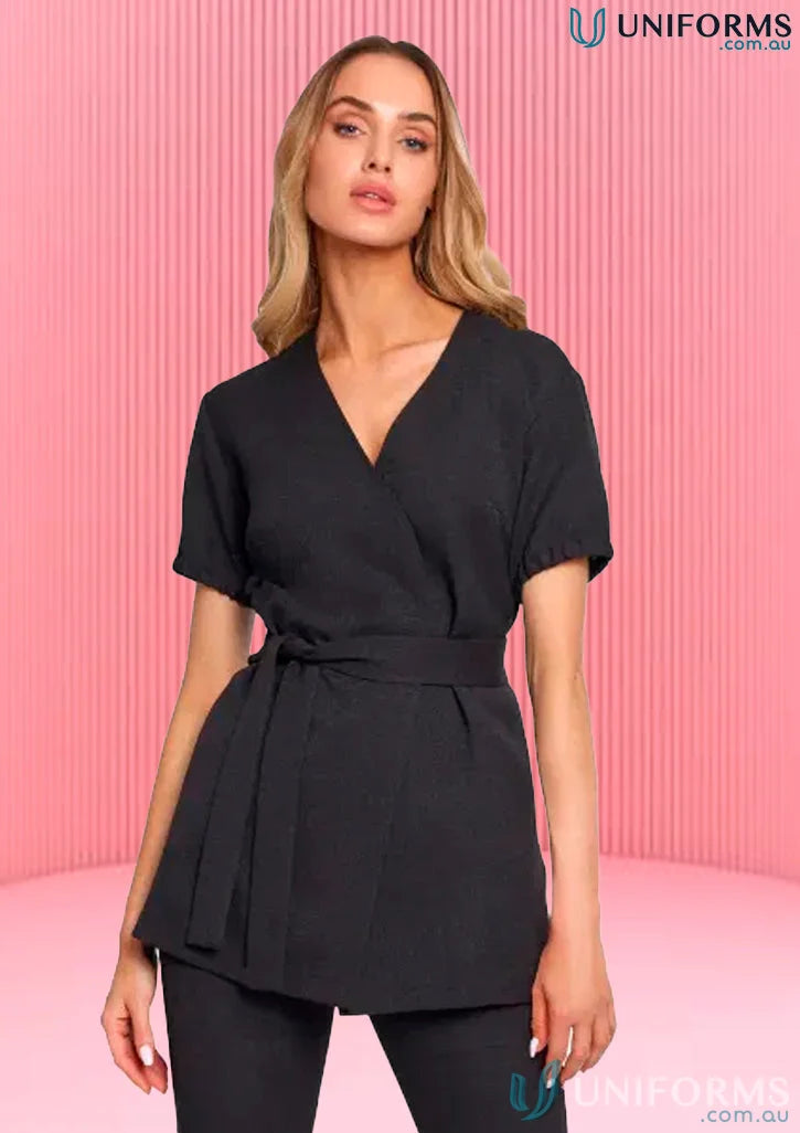 Black wraparound tunic with tie, perfect for uniforms and workwear casual looks