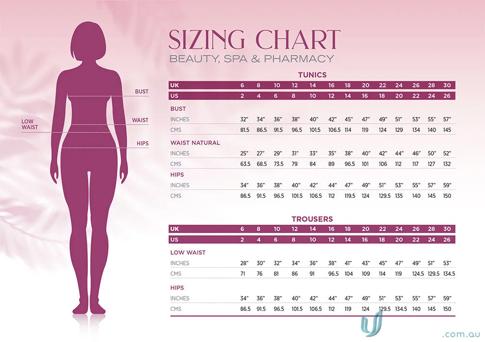 Sizing chart for women’s wraparound tunic, uniforms, and workwear fits