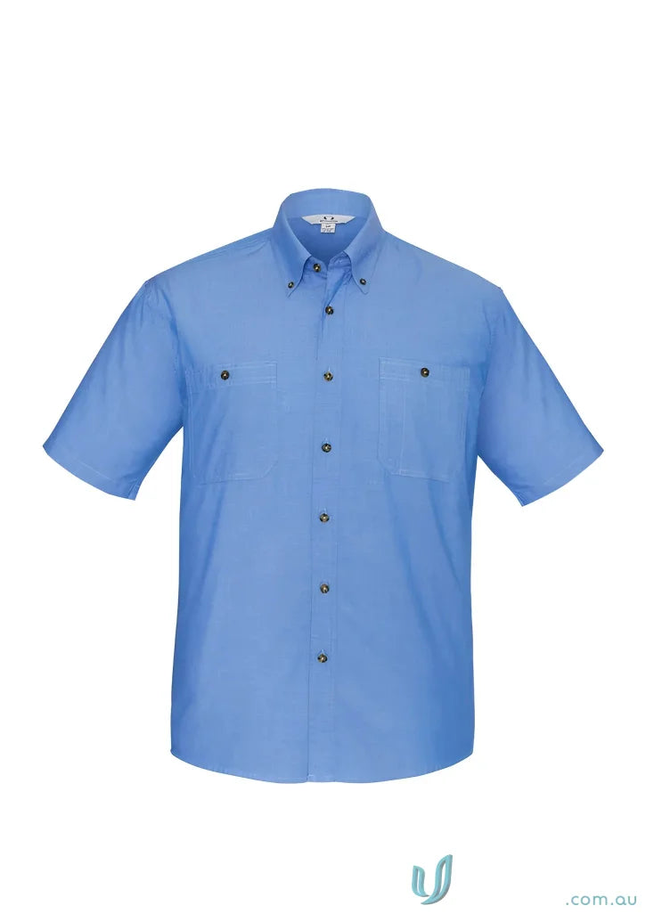 Blue wrinkle free chambray shirt with tortoise shell buttons for a casual look