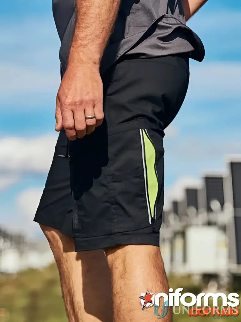Black work shorts with lime green stripe featuring Airflow™ Stretch Ripstop and vented cargo design