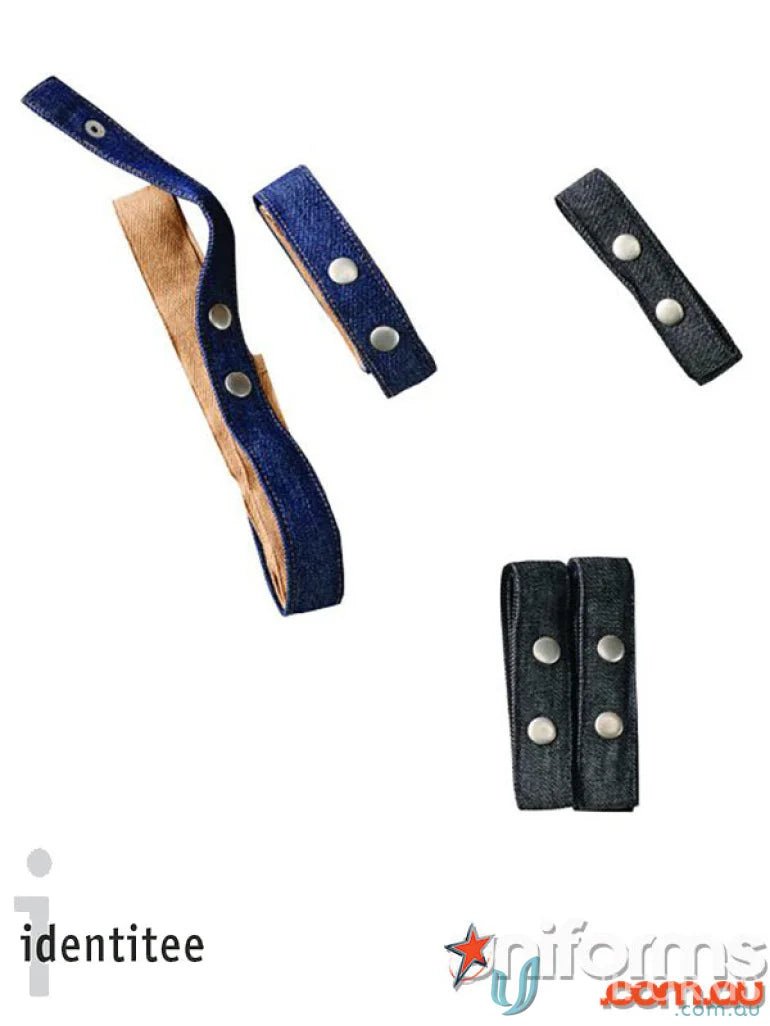 Xavier Cross Over Apron Strap with denim and black fabric loops and metal snap closures