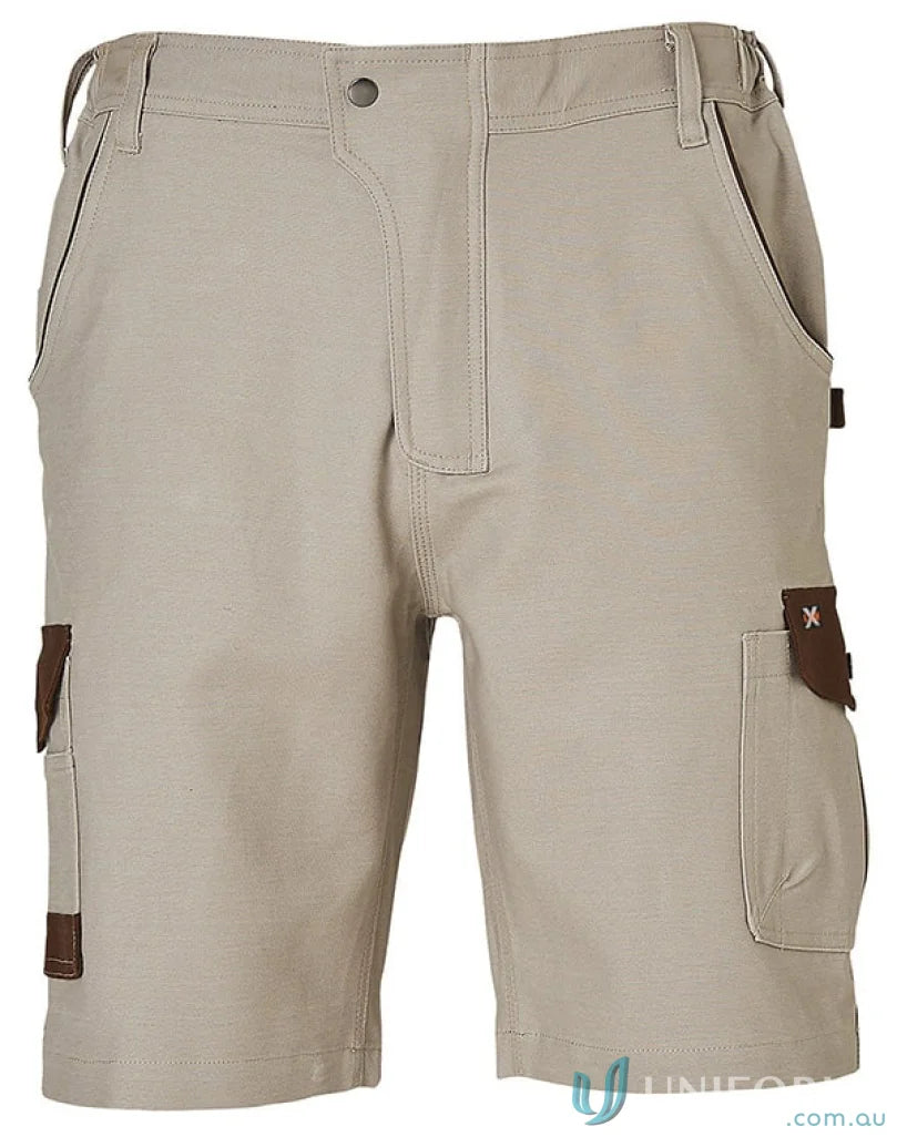 Khaki stretch cargo work shorts with brown accents from XStreet WP23 men’s stretch collection