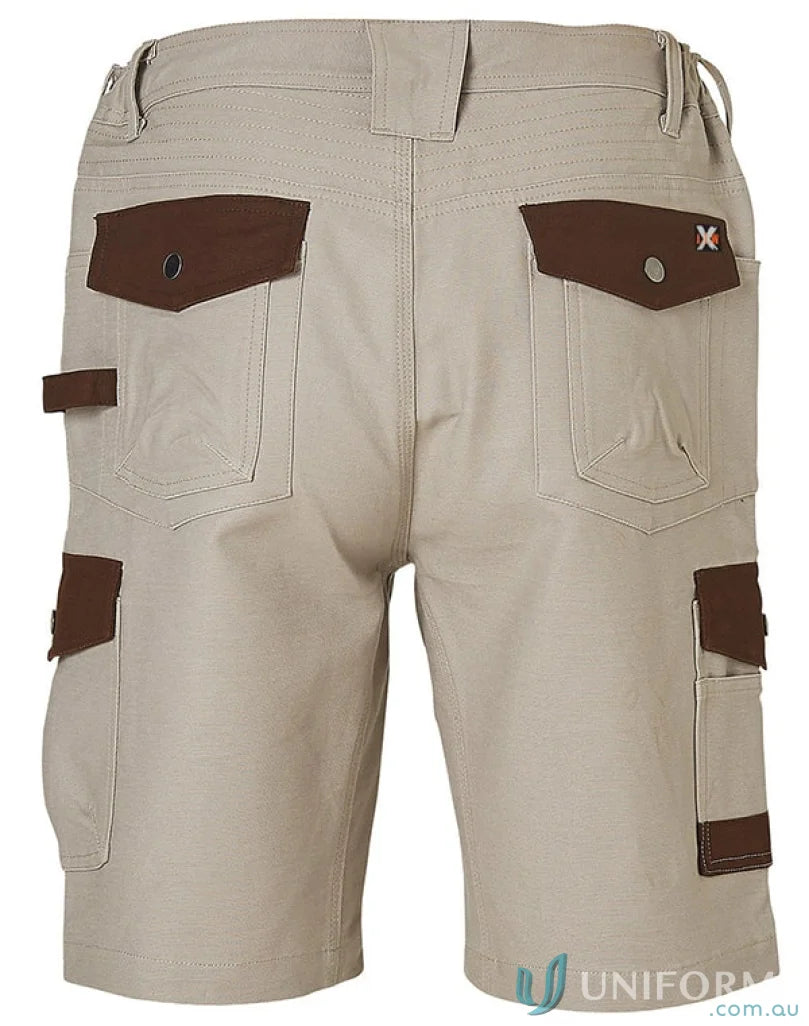 Men’s light brown XStreet Stretch Cargo Shorts with dark brown accents and utility pockets