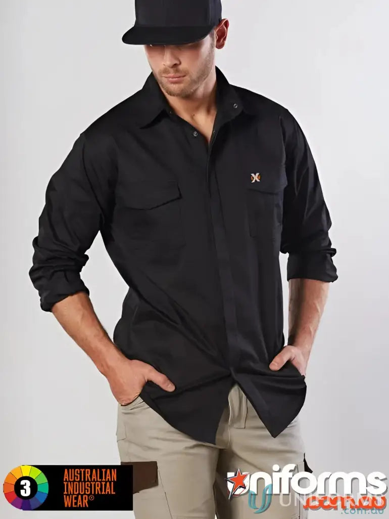 Man wearing XStreet Stretch Shirt black long-sleeve work shirt with chest pockets and tan cargo pants