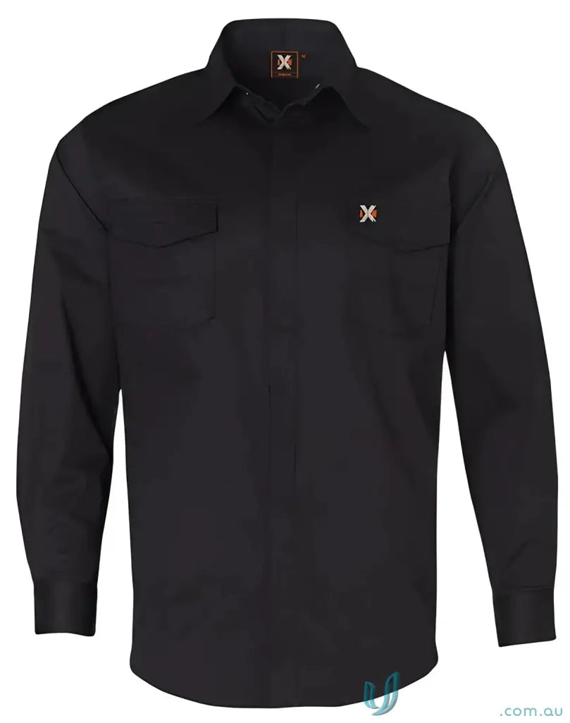 Black long-sleeved XStreet Stretch Shirt with chest pockets and Spirit XStreet Stretch logo
