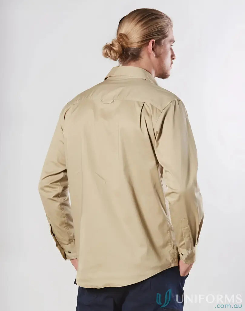 Tan long-sleeved XStreet Stretch Shirt made of lightweight nylon or polyester fabric
