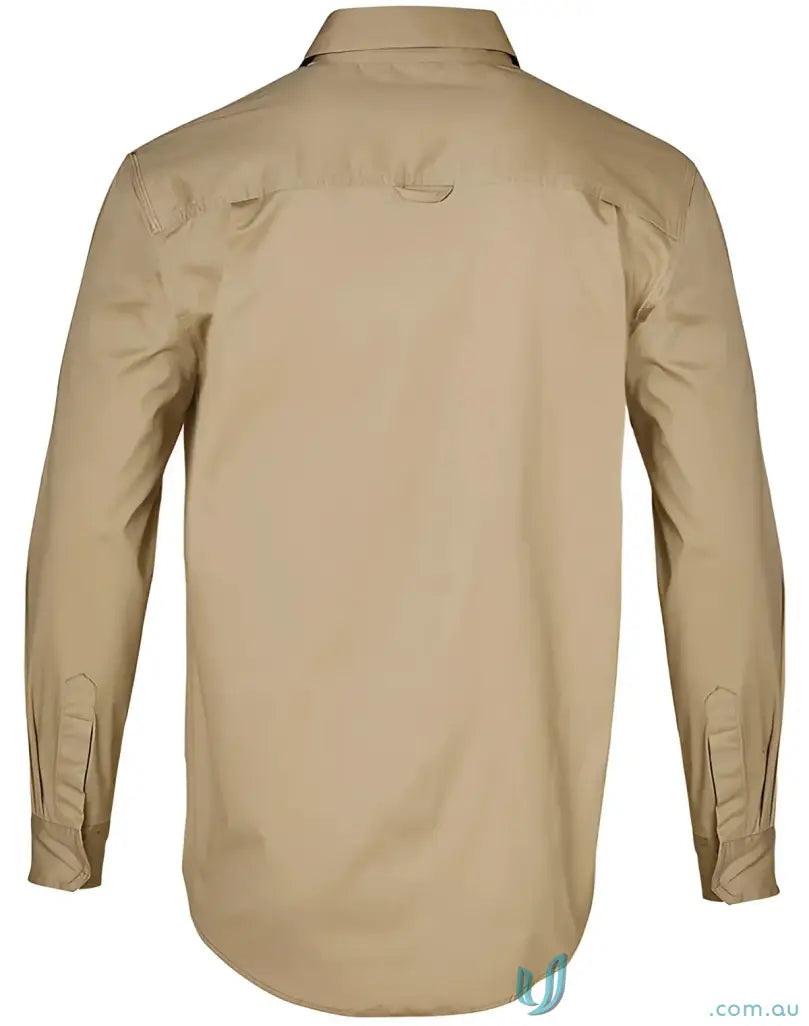 Tan long-sleeved XStreet Stretch Shirt with classic collar and rounded hem for style