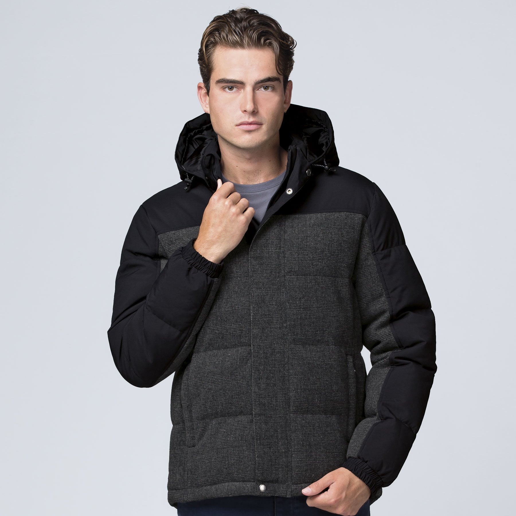 Xt plunge jacket: black charcoal gray quilted puffer plunge jacket