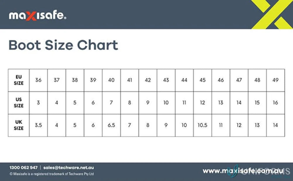 Boot size chart for XtremeGrip Black Polyurethane Gumboots, ideal for workwear and uniforms