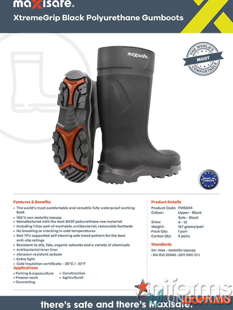 XtremeGrip Black Polyurethane Gumboots ideal for workwear and work uniforms