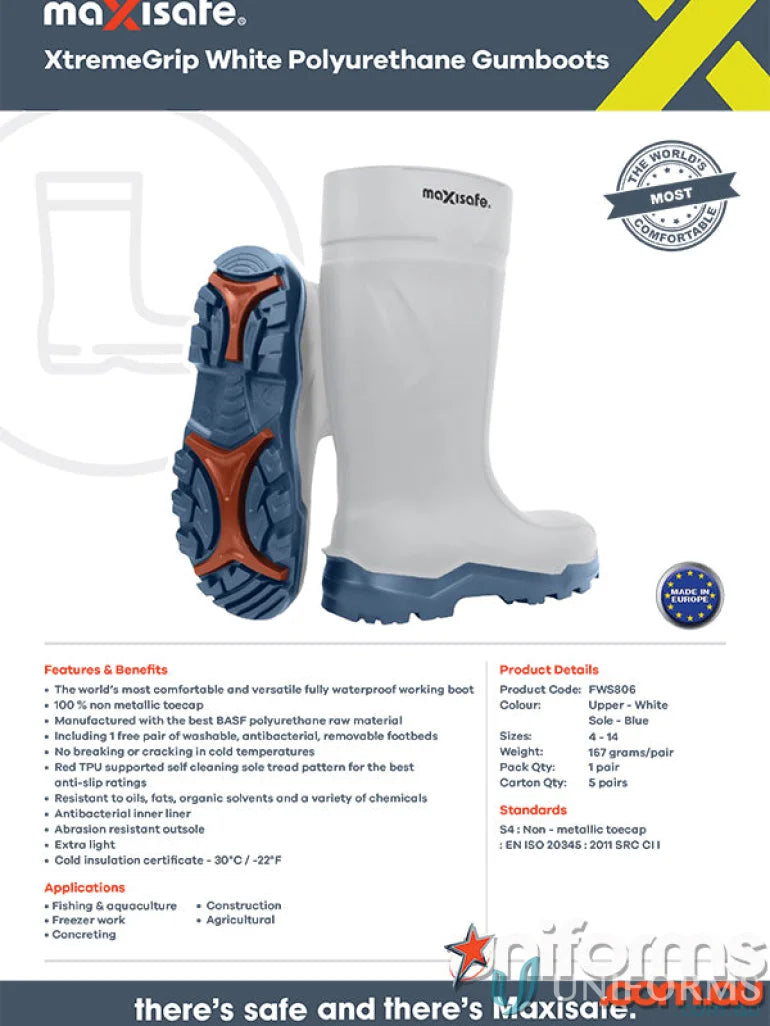 XtremeGrip White Polyurethane Gumboots perfect for workwear and uniforms