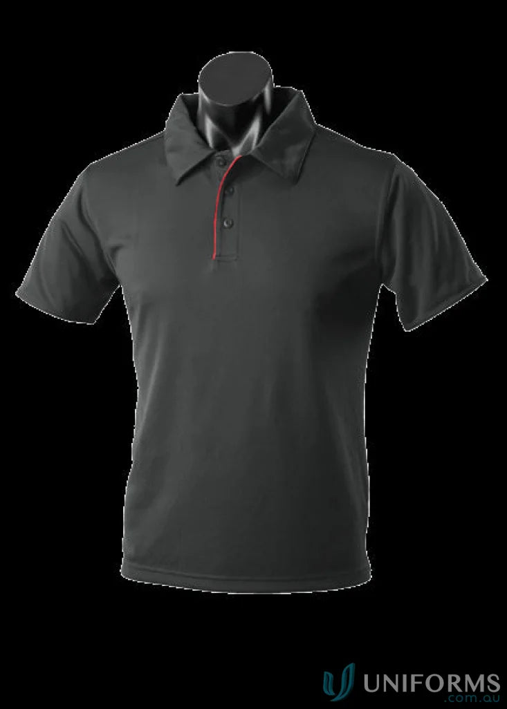Yarra Polo black polo shirt with red trim, perfect for work uniforms