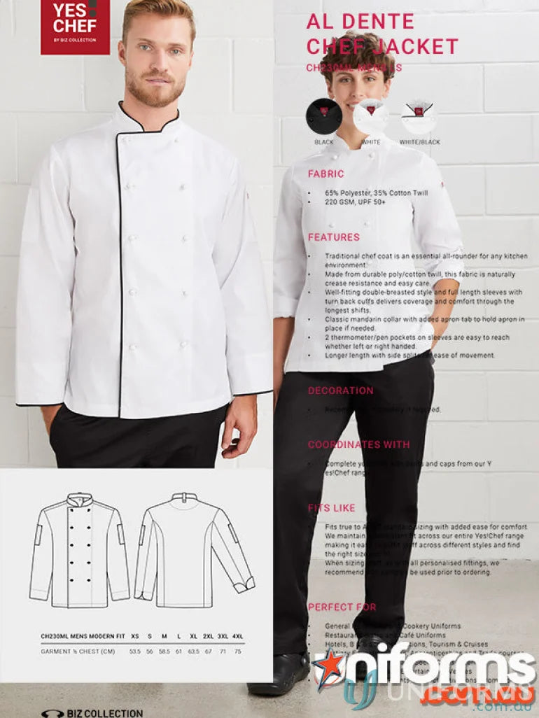 Yes Chef Al Dente LS Chef Jacket - comfy long sleeve chef jacket for professionals