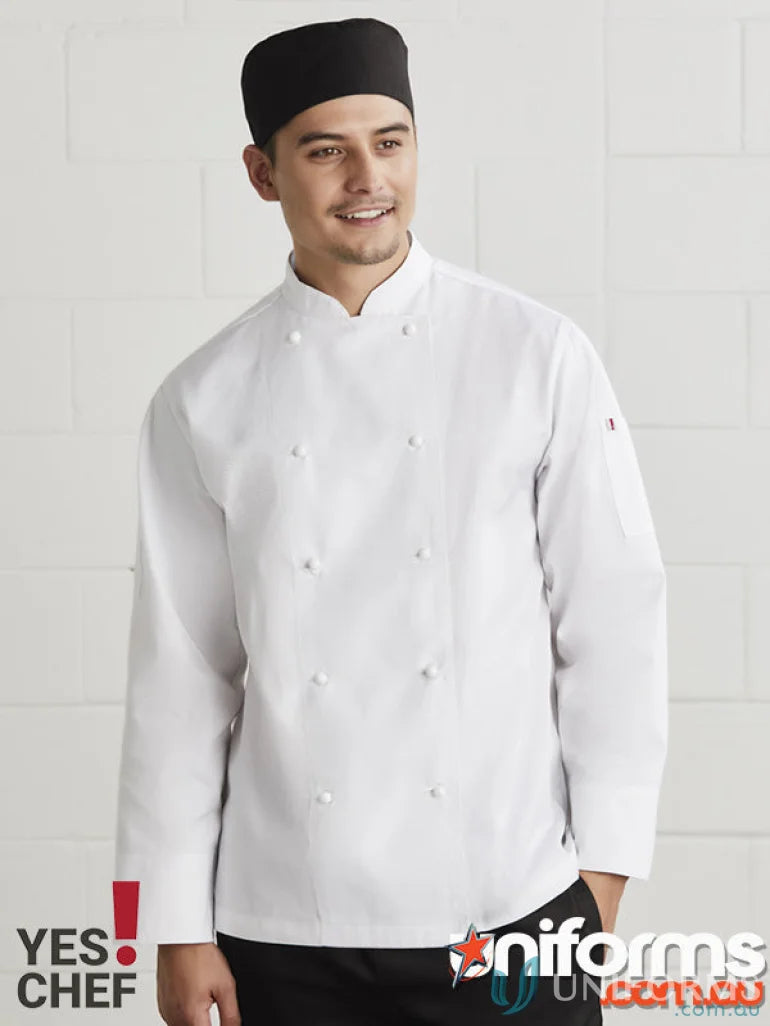 White long sleeve chef jacket with black hat from Yes Chef Al Dente LS Chef Jacket