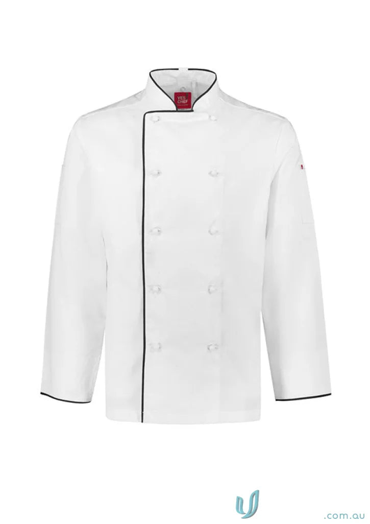 White long sleeve chef jacket with black trim from Yes Chef Al Dente Long line