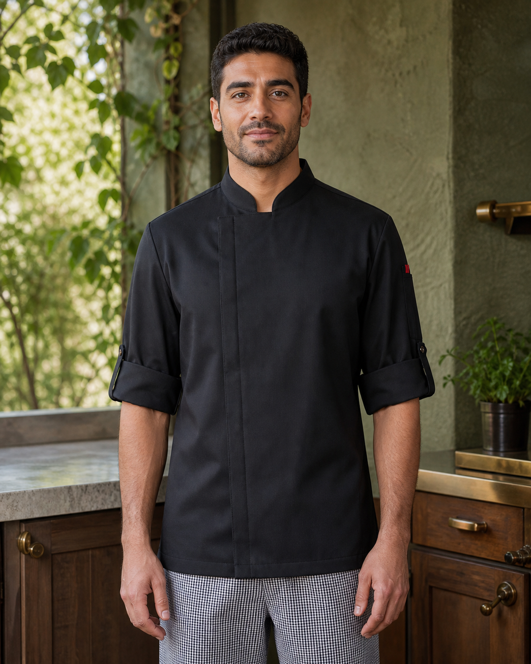 Yes Chef Alfresco long sleeve chef jacket in black with roll-up sleeves