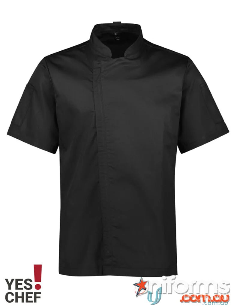 Black short-sleeved chef jacket for men’s alfresco short sleeve chef jacket style