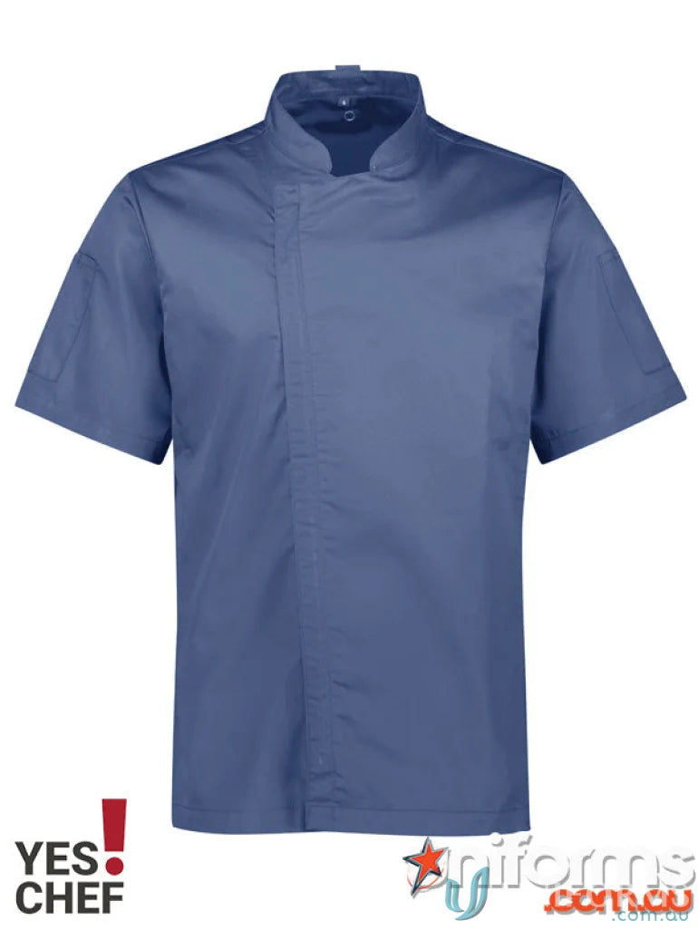 Blue short-sleeved chef jacket from Yes Chef Alfresco Chef SS Jacket men’s alfresco short