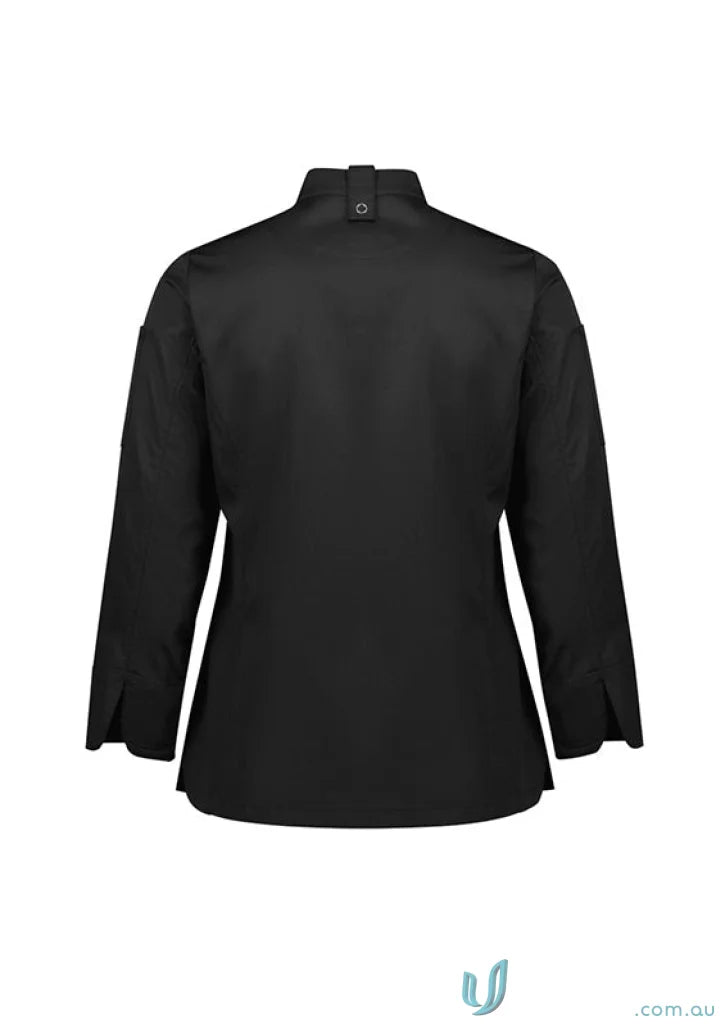 Black women’s reusable alfresco LS chef jacket from Yes Chef with long sleeve certified pet style