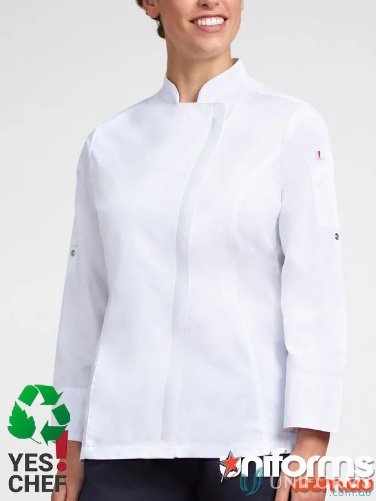 White women’s reusable long sleeve alfresco ls chef jacket from Yes Chef!
