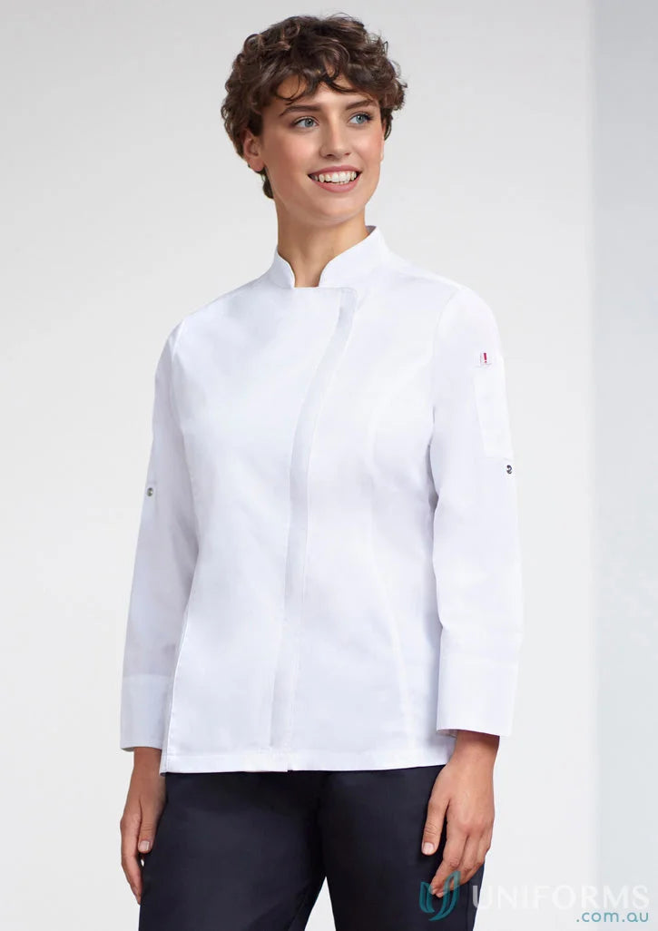 White ladies alfresco LS chef jacket from Yes Chef! women’s reusable long sleeve certified pet