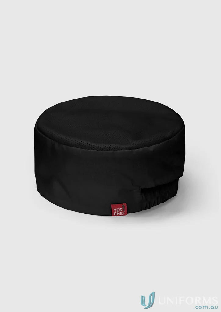Black chef’s hat made from recycled pet polyester for sustainable catering services