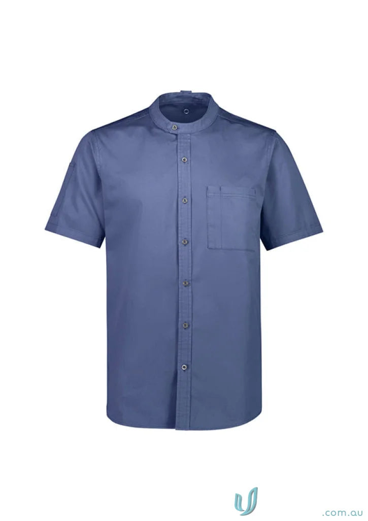 Blue men’s salsa short sleeve band collar chef shirt from Yes Chef Salsa SS collection