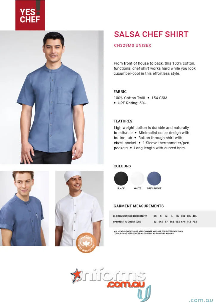 Men’s salsa short sleeve chef shirt featuring the Yes Chef Salsa SS Chef Shirt design