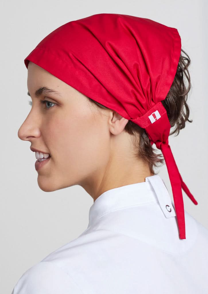 Red cotton head covering for food truck operators - Yes Chef Twist Chef Bandana
