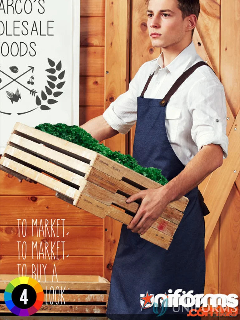 Navy blue urban bib apron from Yes Chef! Biz Collection Bib Apron BA55 with antique brass accents