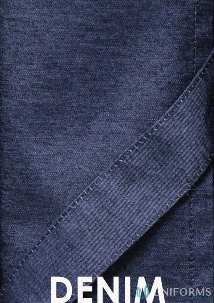 Blue denim fabric showing textured fabric waist straps on the Yes Chef Urban Half Apron