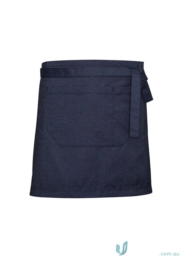 Navy blue urban half apron with textured fabric waist straps for all-day comfort