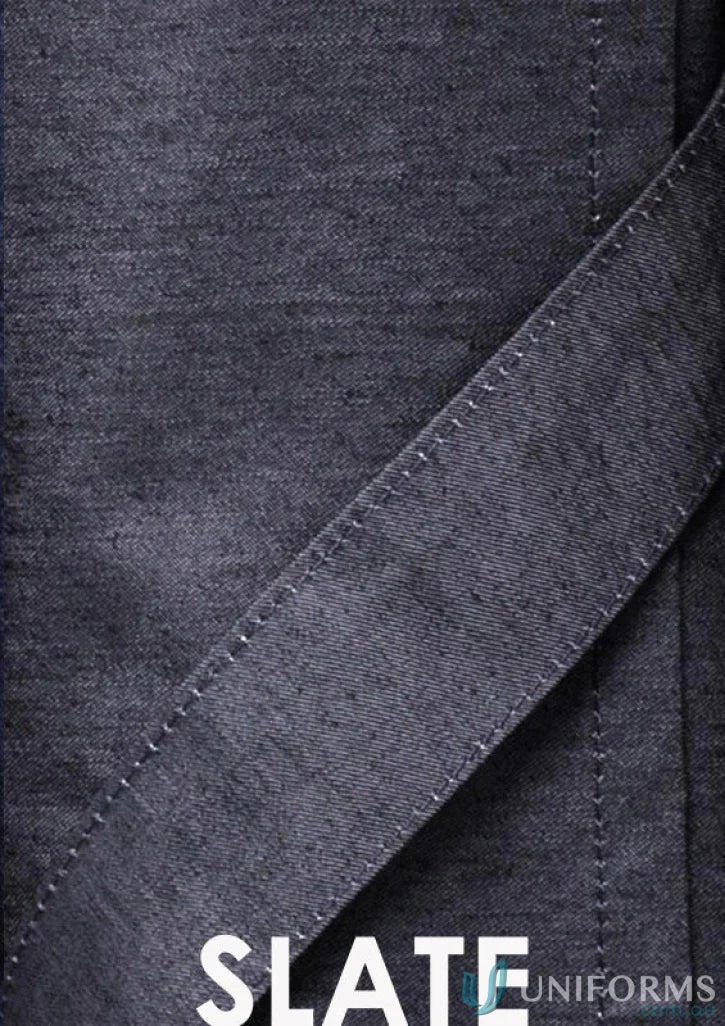 Slate-colored fabric with stitched trim on the Yes Chef Urban Half Apron featuring textured fabric waist straps for all-day comfort