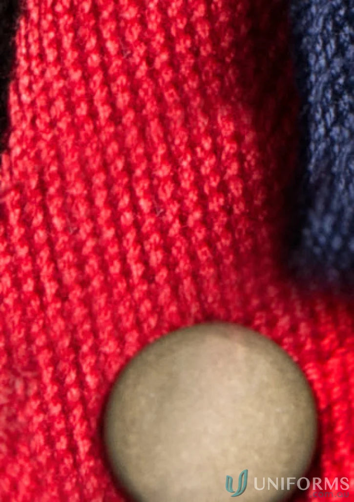 Red knitted fabric with button for Yes Chef Urban Waist Straps featuring antique brass fittings