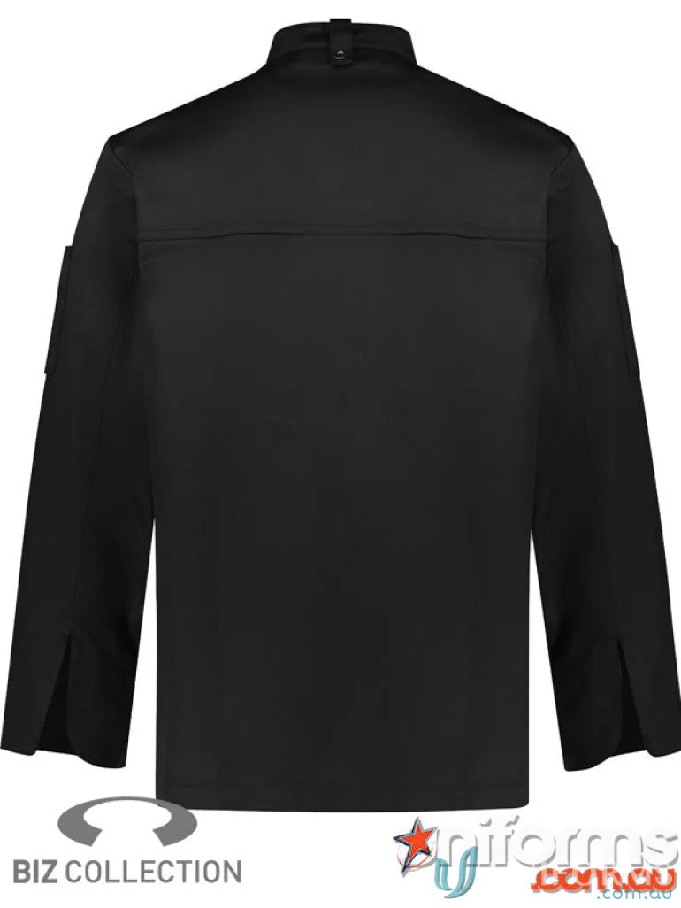 Black long-sleeved Zest LS Chef jacket with mandarin collar and mesh ventilation