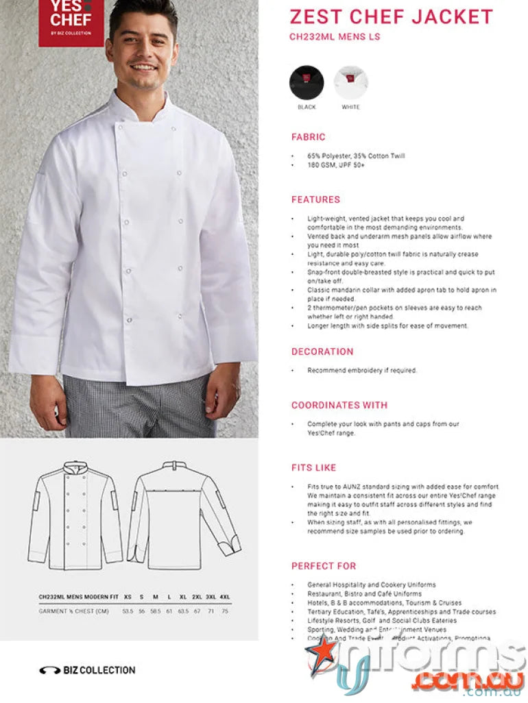 White Zest LS Chef Jacket with Mandarin Collar and Mesh Ventilation for comfort