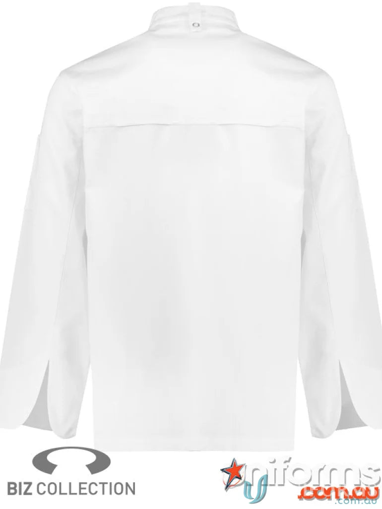 White long-sleeved Yes Chef Zest LS Chef Jacket with mandarin collar and mesh ventilation