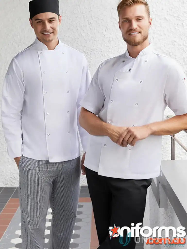 Two chefs in white jackets with underarm mesh inserts from Yes Chef! Zest SS Chef Jacket