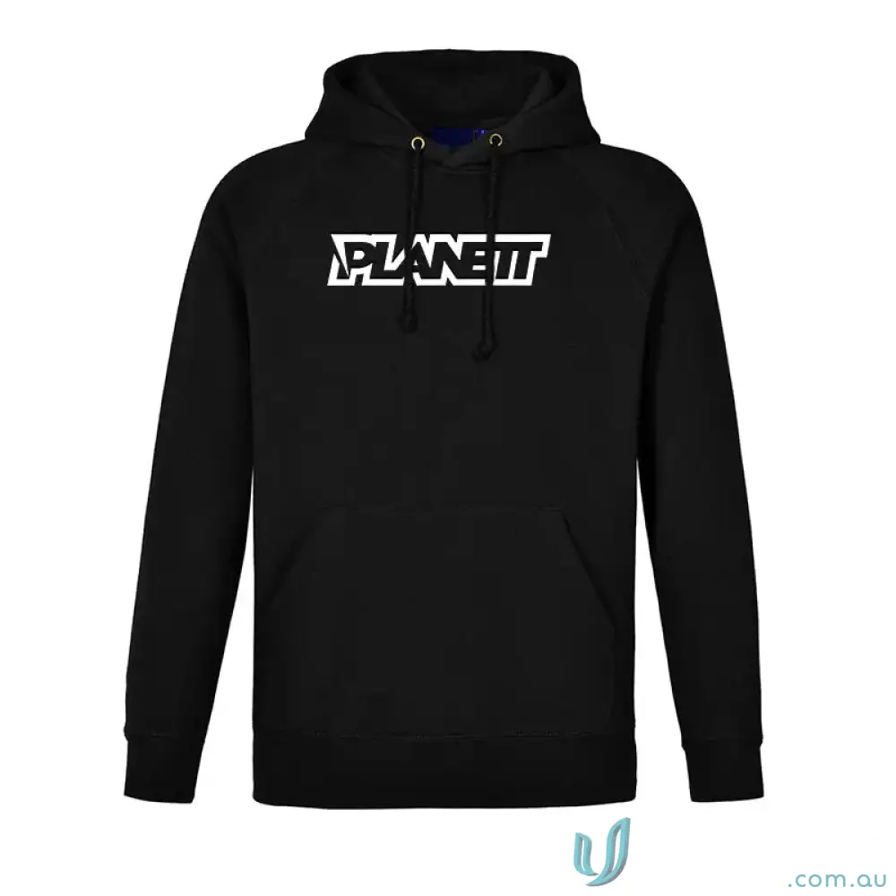 Black youth hike hoodie with white PLANET IT logo, comfy fleecy hoodie style