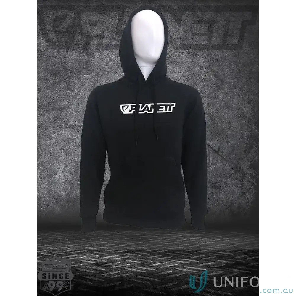 Youth Hike Hoodie black fleecy hoodie with white PLANET logo on chest for comfy style