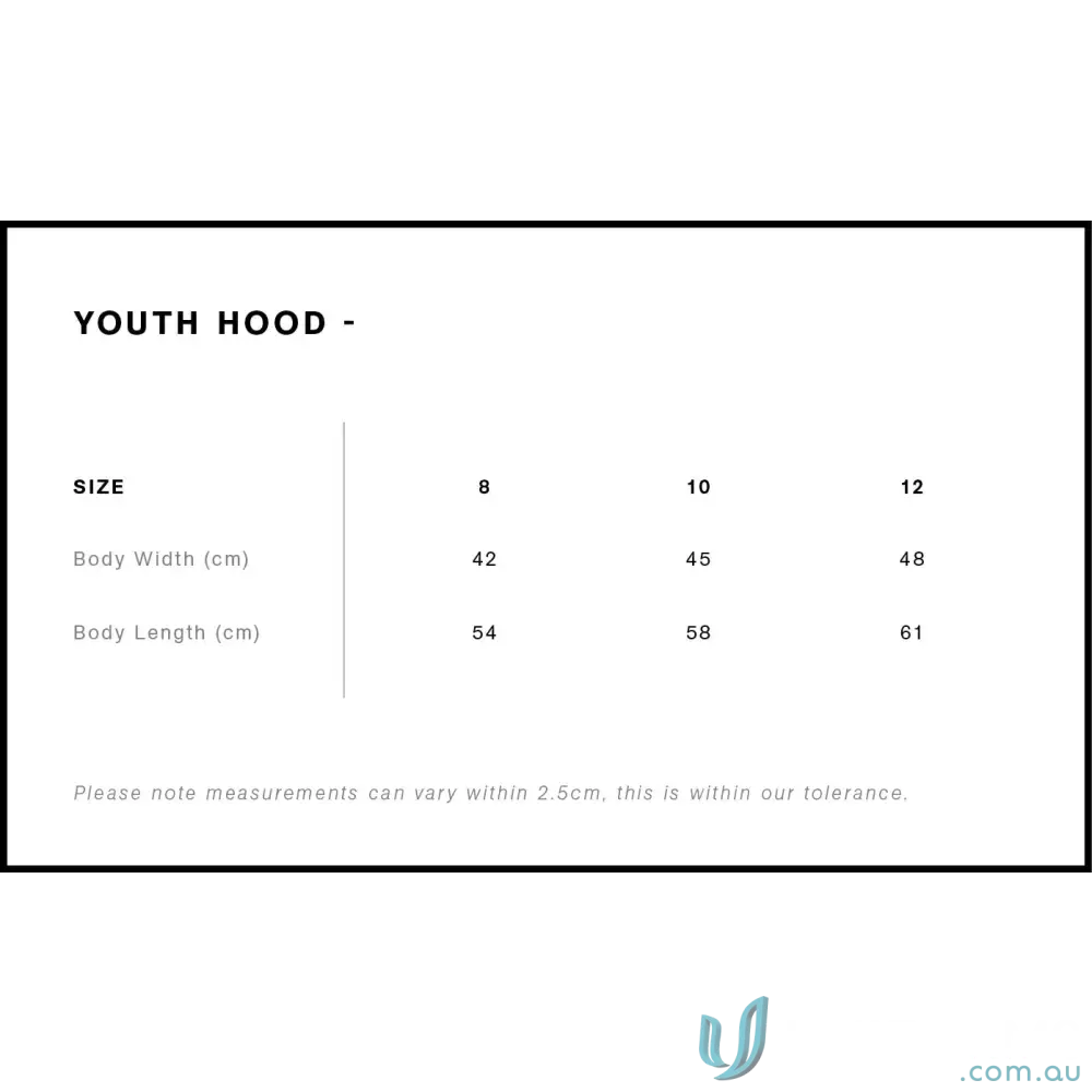 Youth Hike Hoodie size chart with body width, length, and measurement tolerance for youth fleecy hoodie