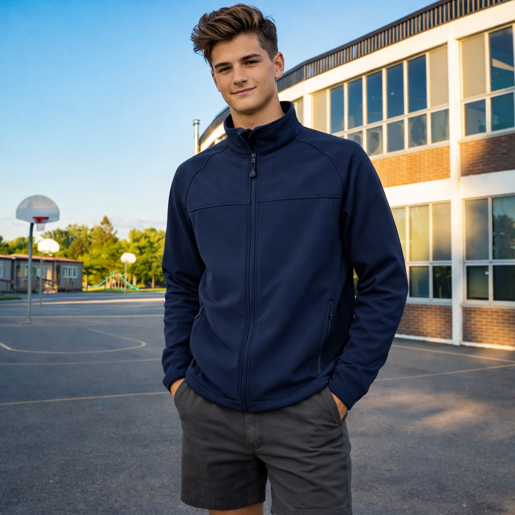 Jb’s youth layer softshell jacket navy blue zip-up fleece back view