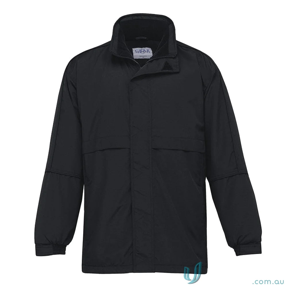Black collared long-sleeved jacket perfect for Youth Plain Basecamp Anorak work uniforms with storm flap