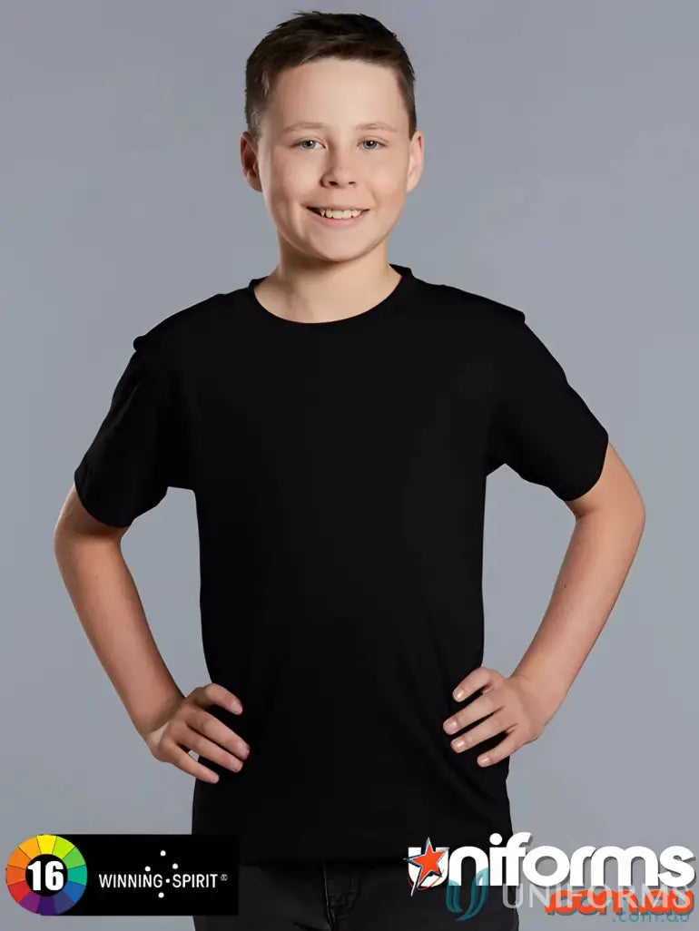 Black crew neck t-shirt from Winning Spirit Kids Savvy Tee for kids active wear