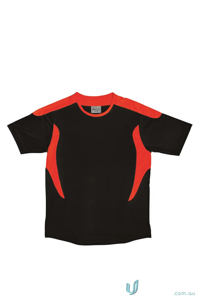 Black and red short-sleeve athletic tee shirt for Youth Soccer Jersey, perfect for uniforms
