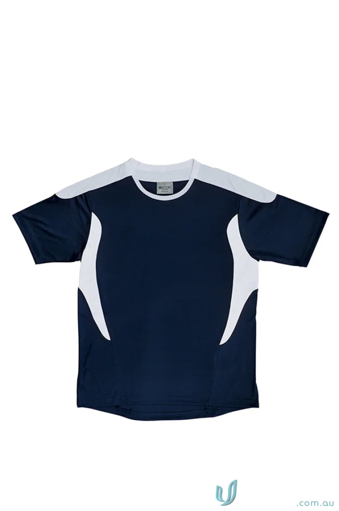 Youth soccer jersey tee shirt with dark blue, white shoulder panels, perfect for uniforms