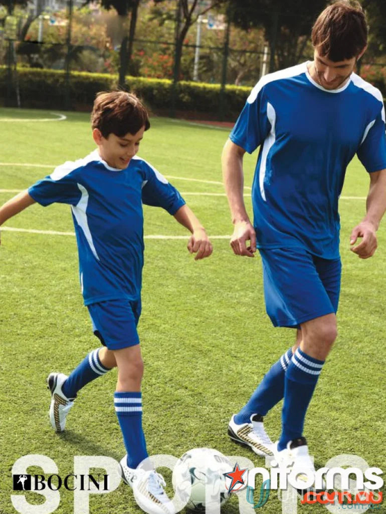 Two kids in matching blue and white soccer uniforms wearing Youth Soccer Jersey tee shirts